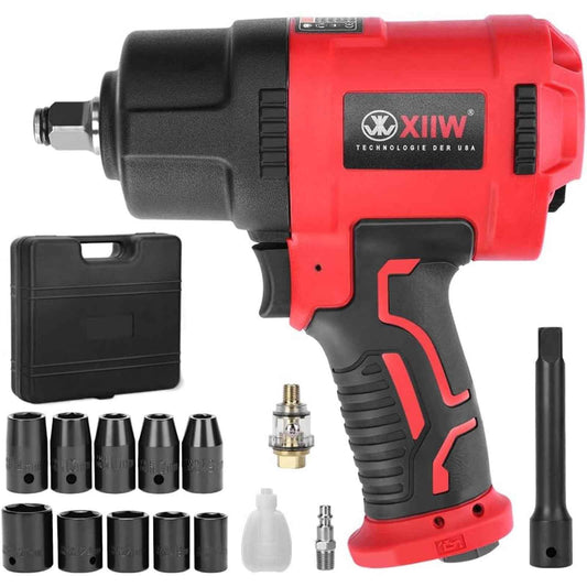 XIIW 1/2" Air Impact Wrench Kit - Twin Hammer, 1560 ft-lb Torque with 10 Sockets