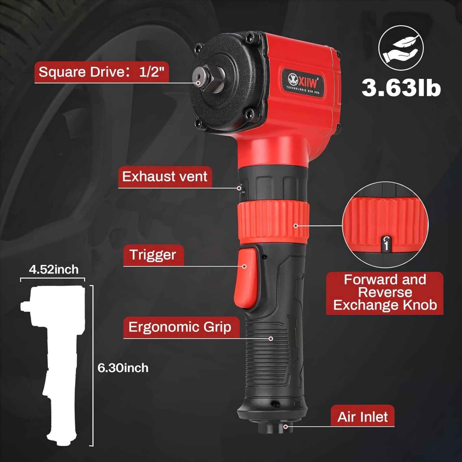 XIIW PT-1320 Air Impact Wrench - 1/2" Twin Hammer with 910 ft-lb Torque