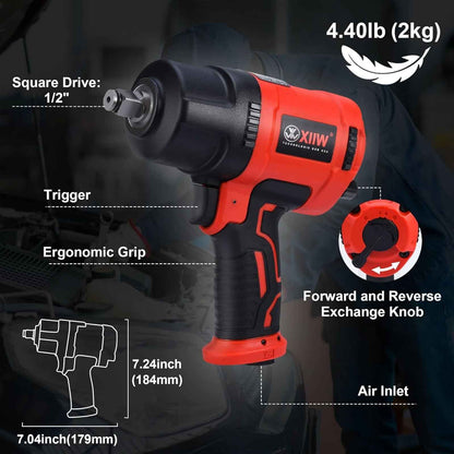 XIIW 1/2" Air Impact Wrench Kit - Twin Hammer, 1560 ft-lb Torque with 10 Sockets