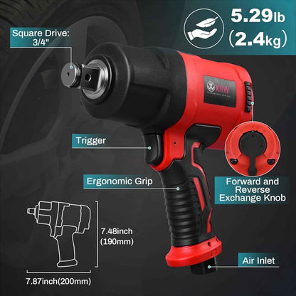 XIIW 3/4 Inch Air Impact Wrench - Professional Grade with 1950 ft-lb Torque