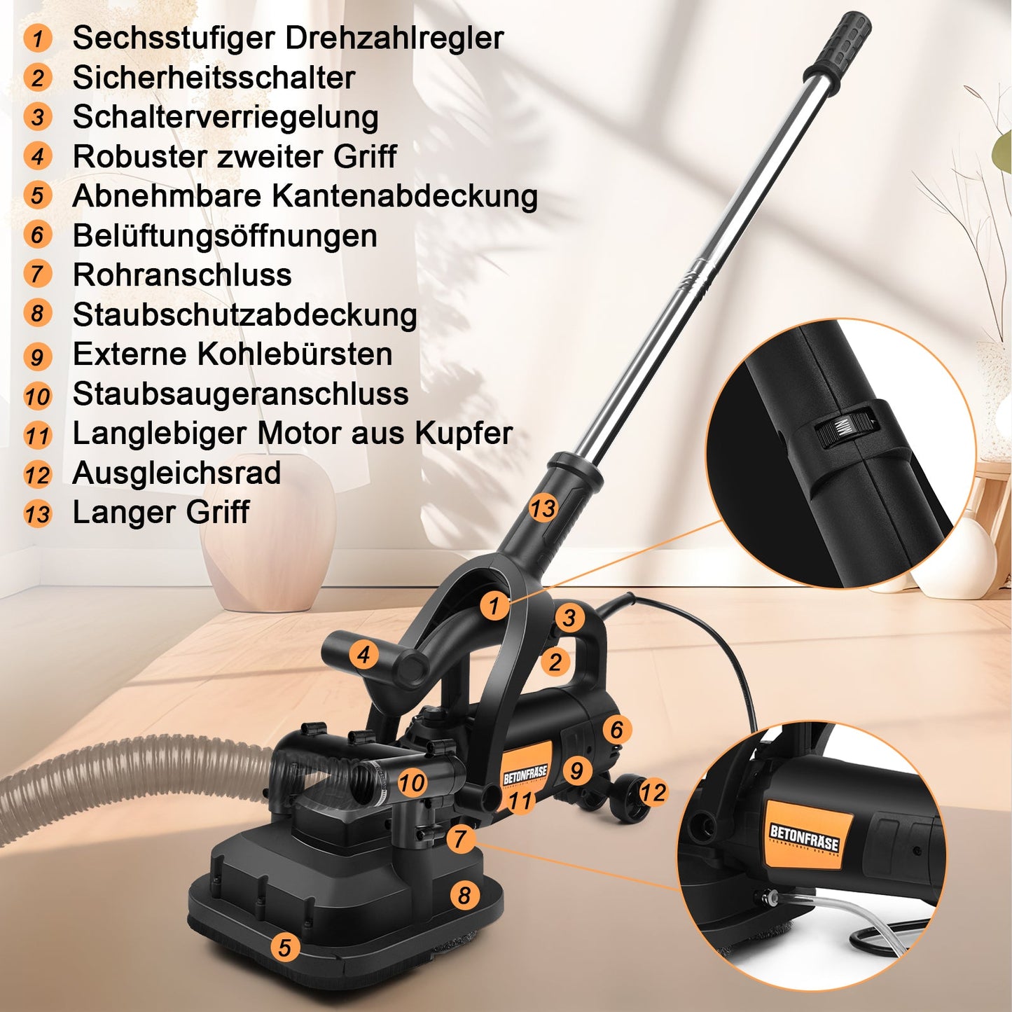 3800W Concrete Grinder Floor Polisher – Heavy Duty 6 - Speed Surface Grinding Machine with Dust Control System