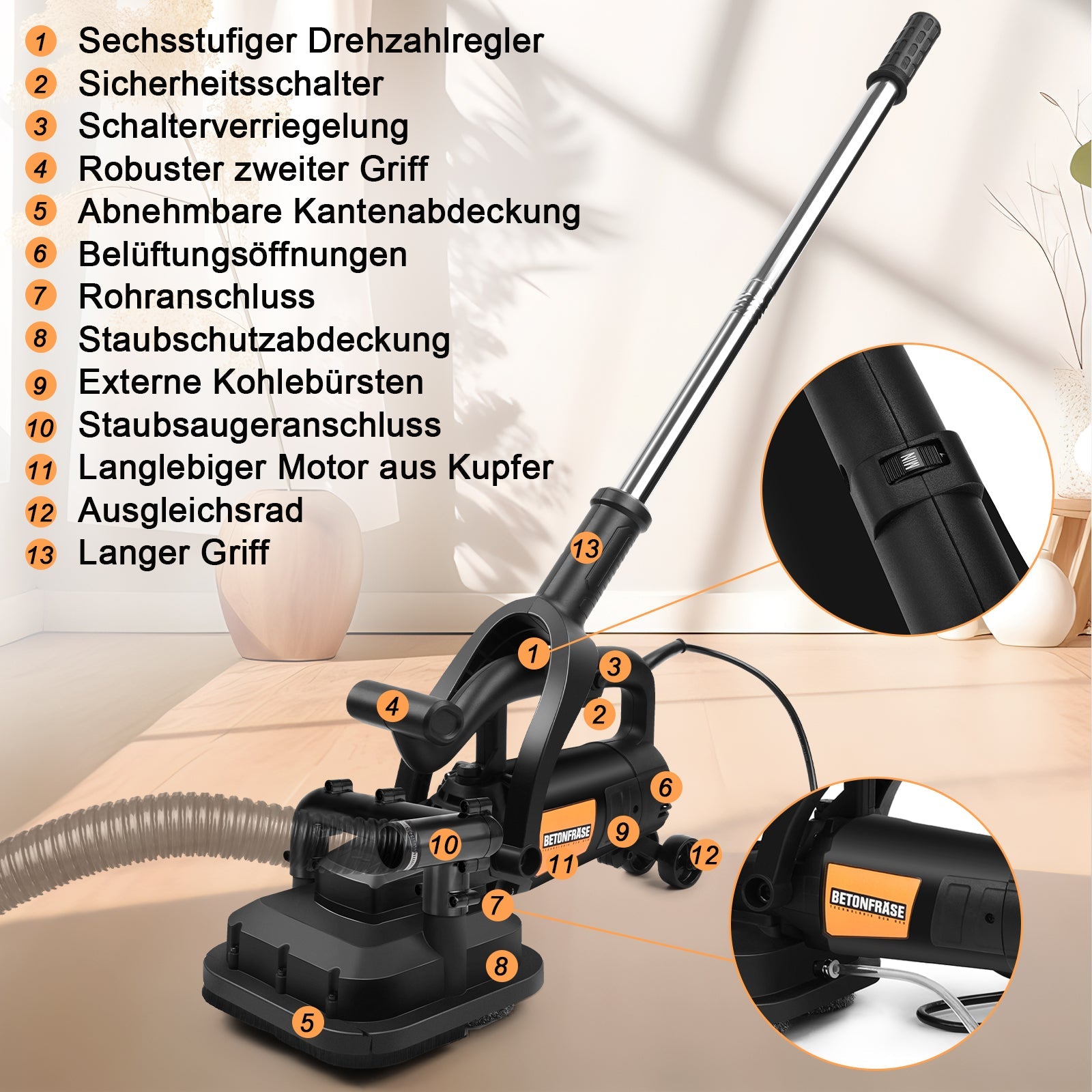 3800W Concrete Grinder Floor Polisher – Heavy Duty 6 - Speed Surface Grinding Machine with Dust Control System