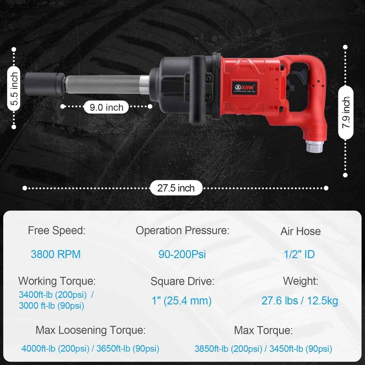 Pneumatic Impact Wrench - XIIW PT-1580, 1" Ultra-Powerful 1950 ft-lb