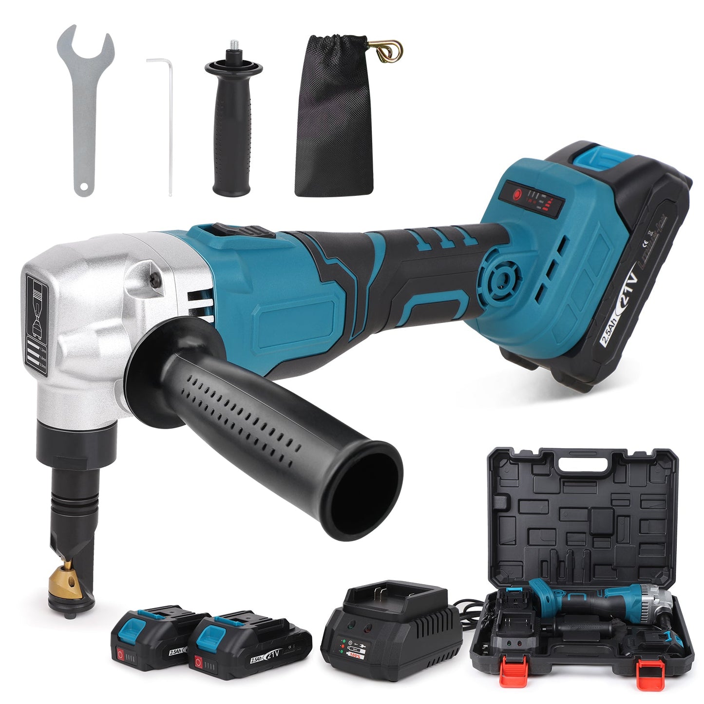 Cordless Metal Nibbler with Dual 18V 2.5Ah Batteries – 2200 SPM Brushless Motor, 360° Adjustable Cutting Head, Precise Sheet Metal Cutter