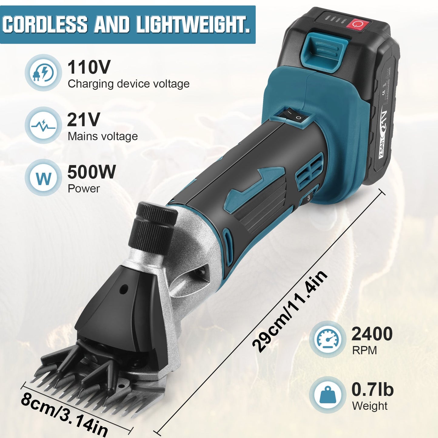 Efficient Powerful 500W Cordless Sheep Shearing Clippers for Thick Coats