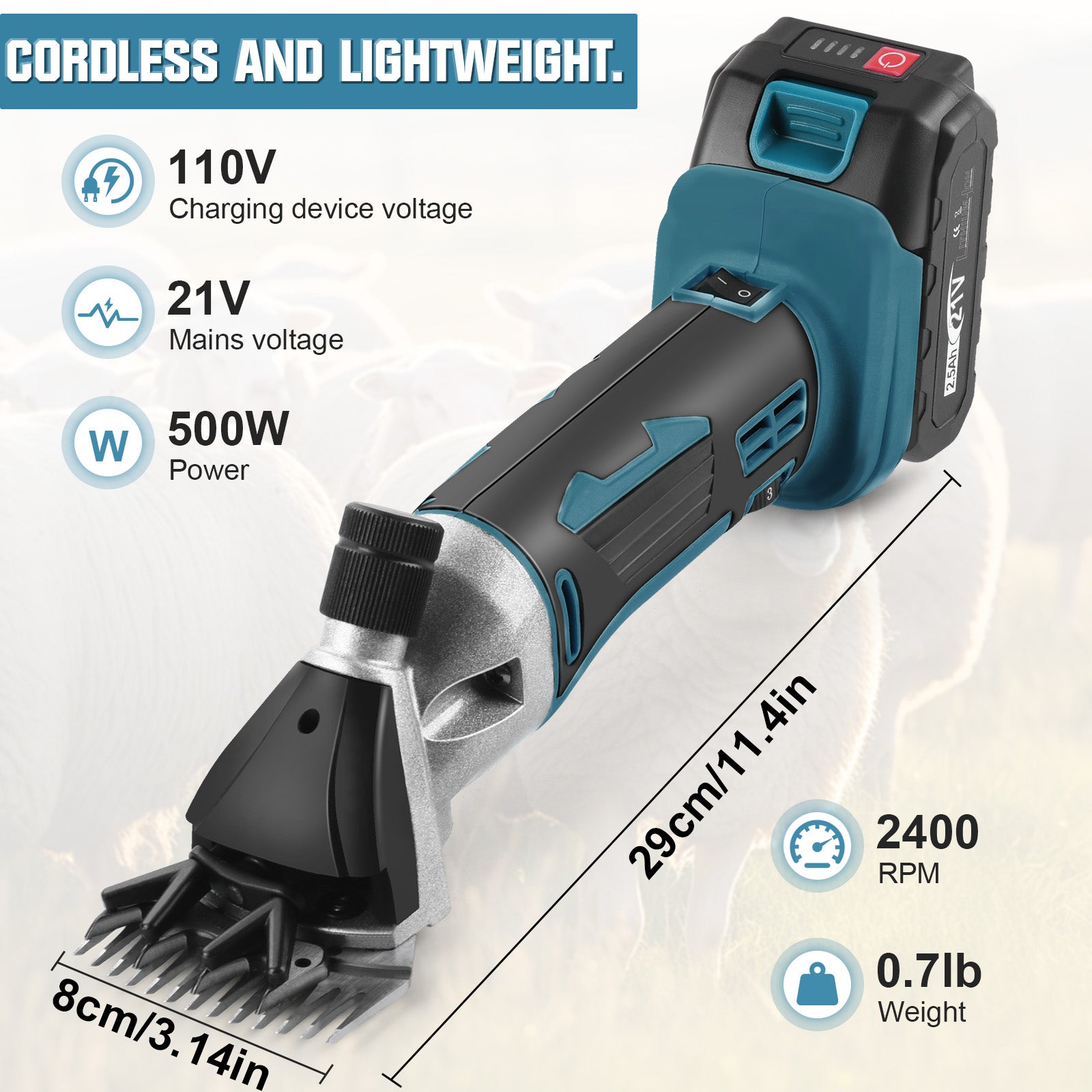Efficient Powerful 500W Cordless Sheep Shearing Clippers for Thick Coats