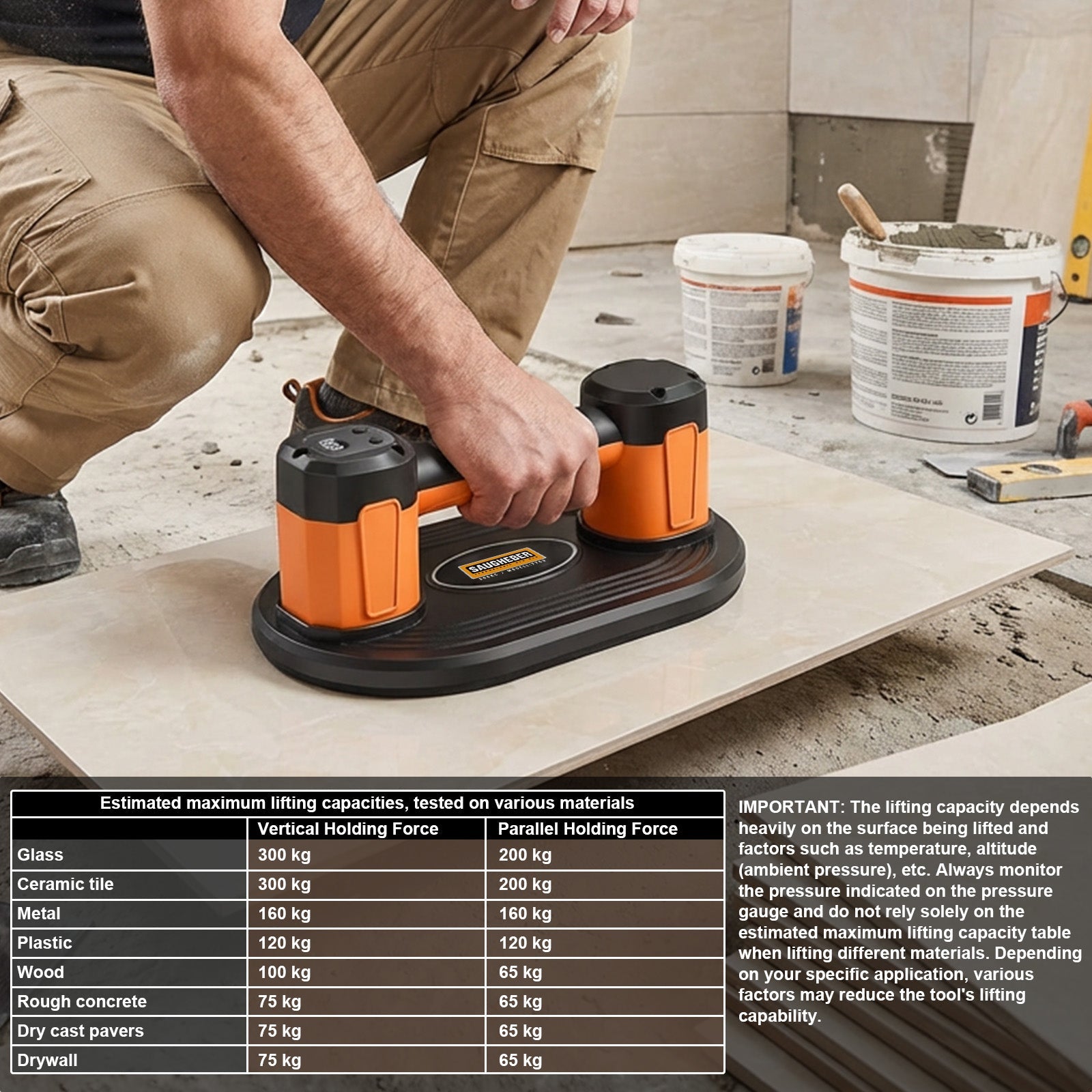 Electric Vacuum Lifter 300 kg | Cordless Battery - Powered with Automatic Pressure Regulation | Professional Slab Lifter for Porcelain Tiles, Patio Slabs & Glass