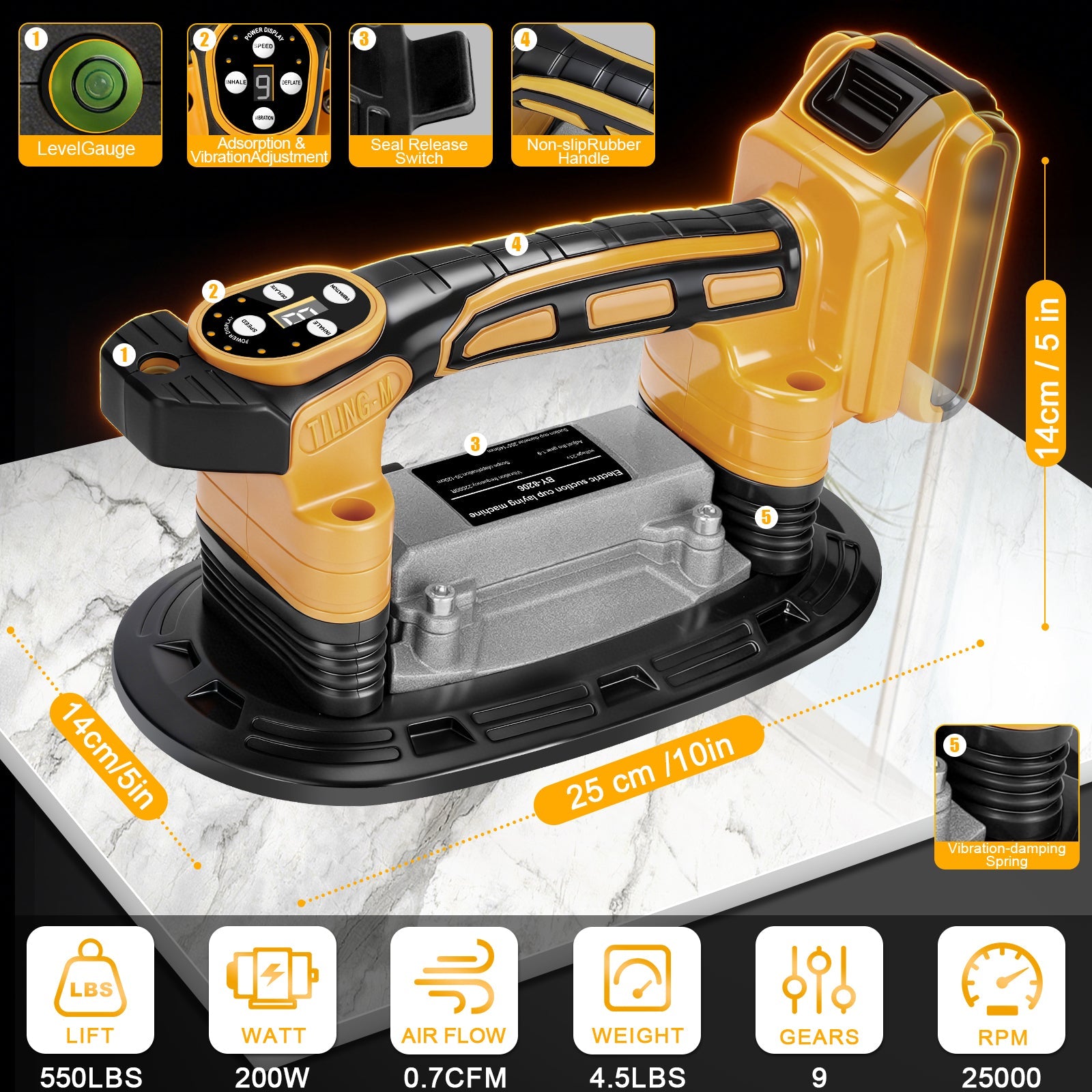 Mid - Size Electric Tile Vibrator with 9" Suction Cup, 25,000 RPM, 9 - Speed Adjustable, Compatible with DEWALT 20V Battery